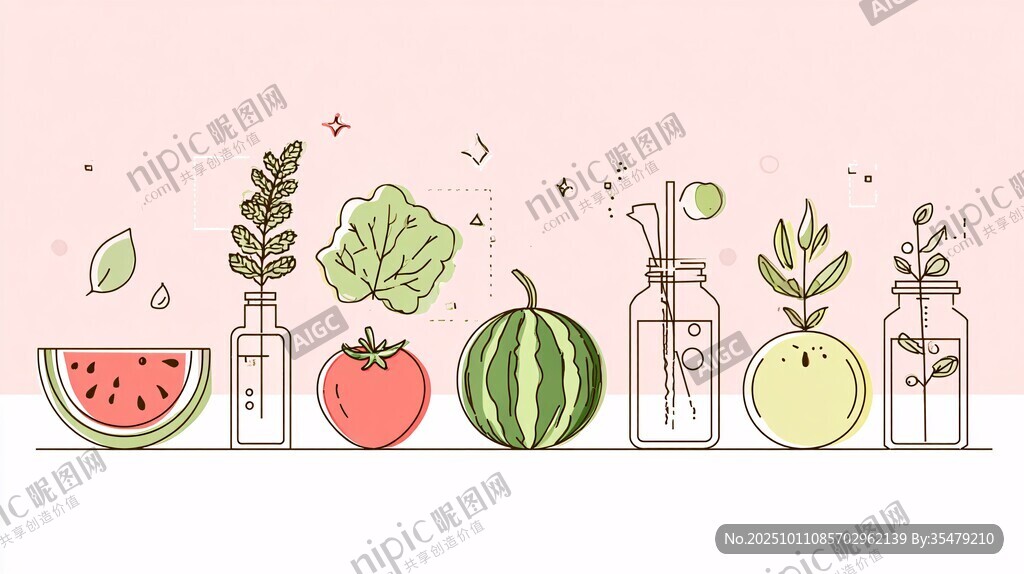 清新果蔬與綠植插畫素材