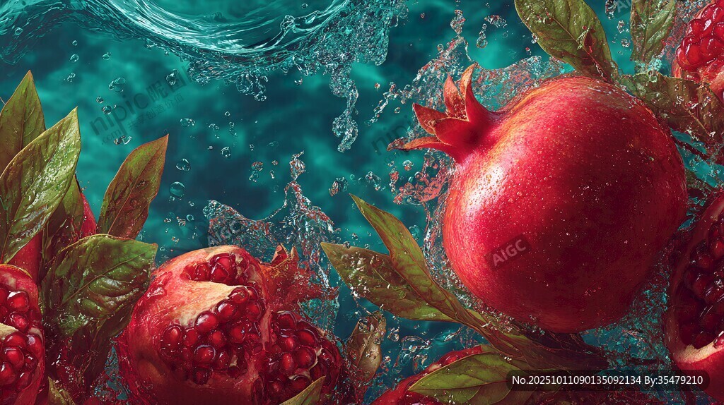 水中紅石榴與綠葉的美景