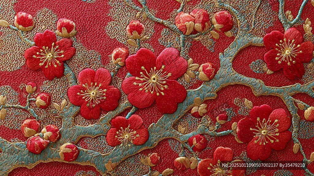 中式刺繡紅梅圖案紋理