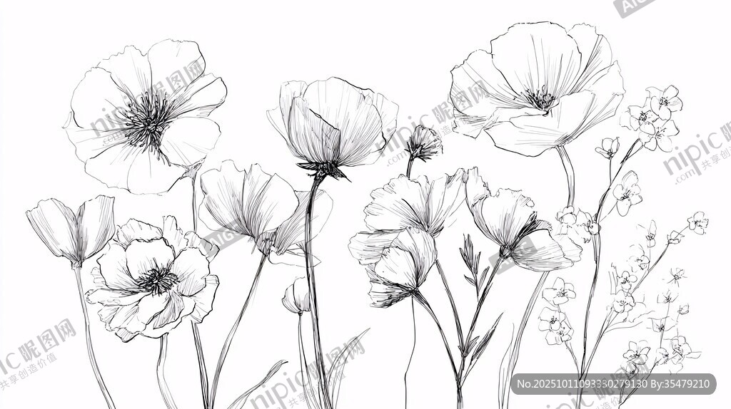 黑白花卉線描插畫