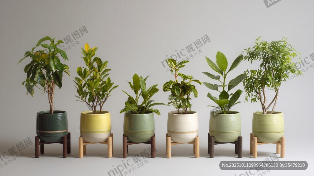 一排多彩盆栽植物展示