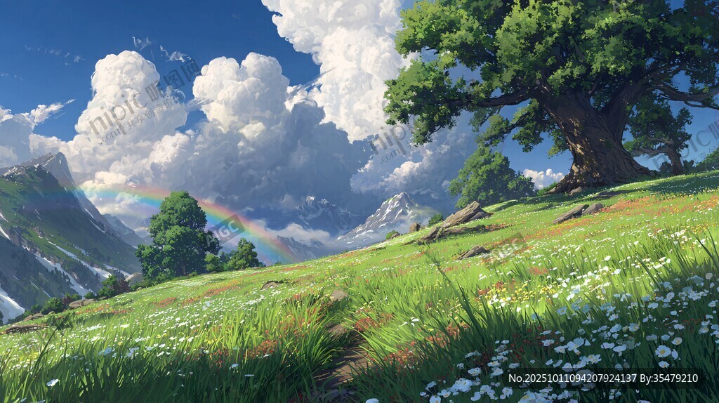 山間彩虹下的綠野風光