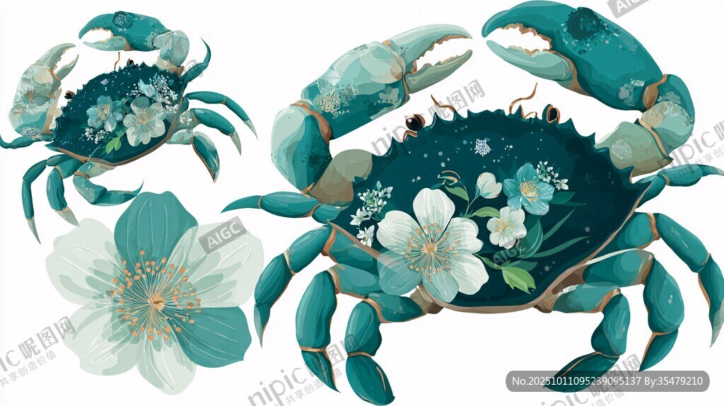 藍(lán)綠花卉螃蟹插畫素材