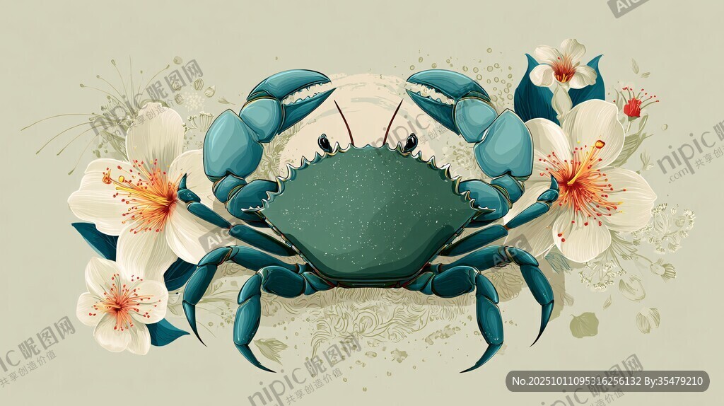 藍(lán)蟹伴白花的清新插畫