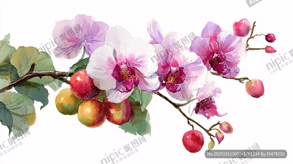粉紫蘭花與果實(shí)水彩插畫