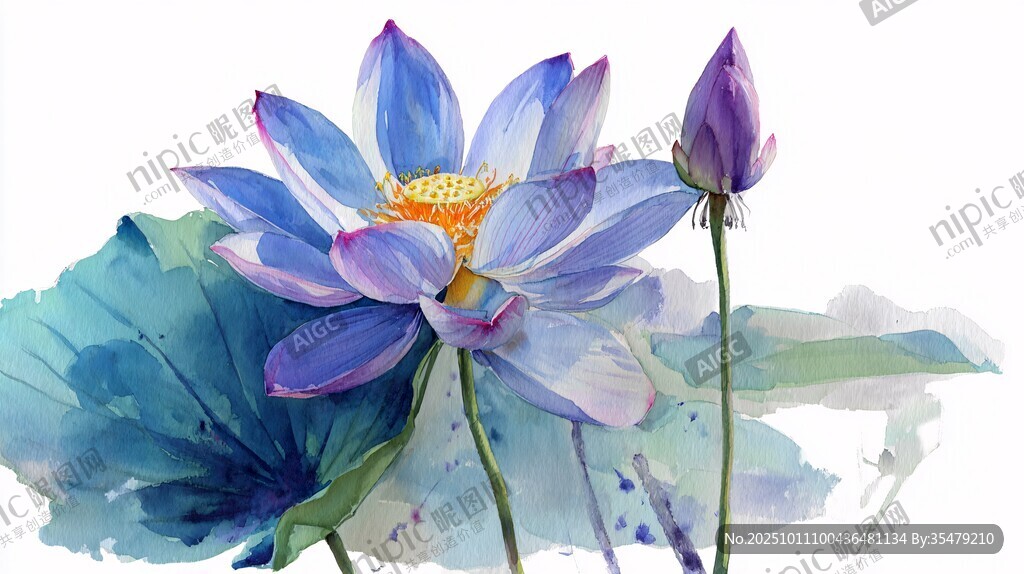 水墨風(fēng)藍(lán)紫色荷花圖