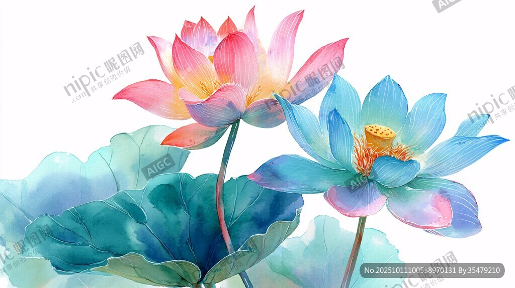 夢幻雙色荷花水彩插畫