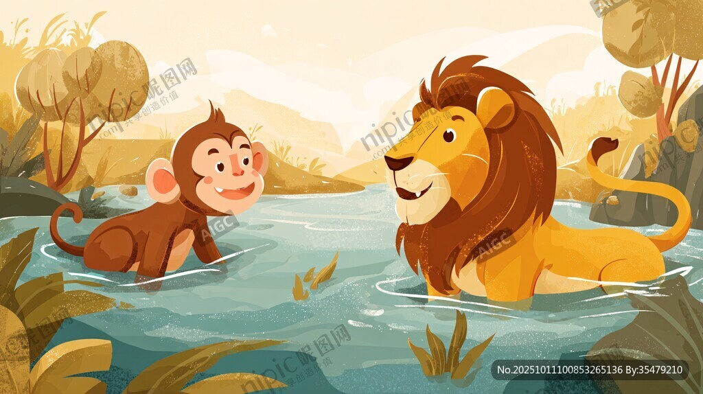 獅子與猴子在水中嬉戲