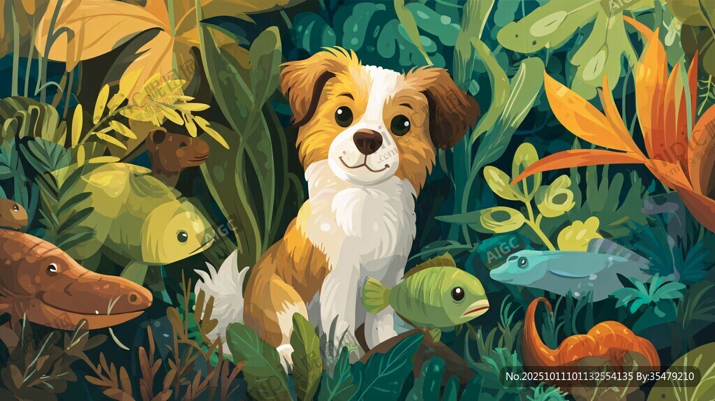 小狗在多彩水生植物中