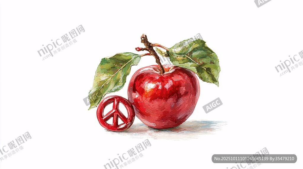 水彩畫中紅蘋果與和平標(biāo)志