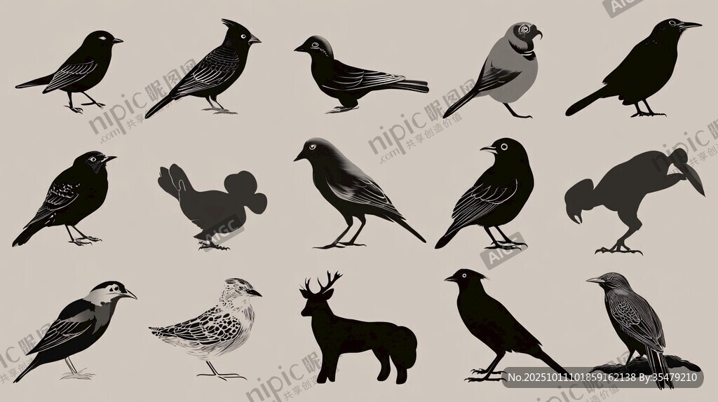 多樣鳥類與動物剪影集合