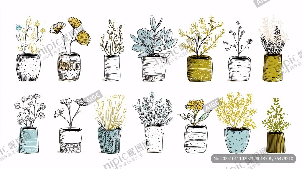 手繪盆栽植物插畫集合