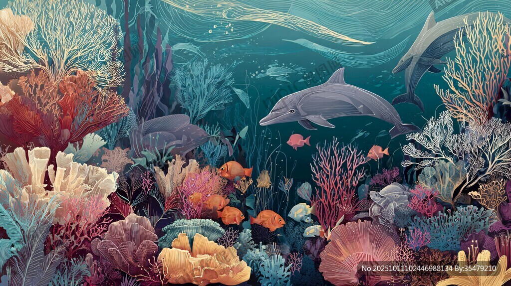 夢幻海底世界的海豚與珊瑚
