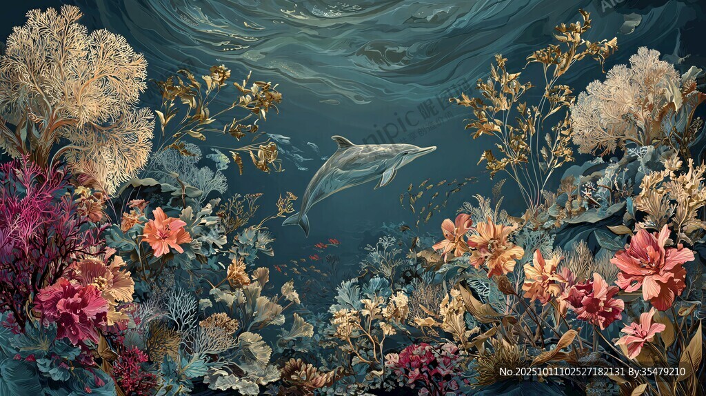 夢幻海底花卉與海豚景象