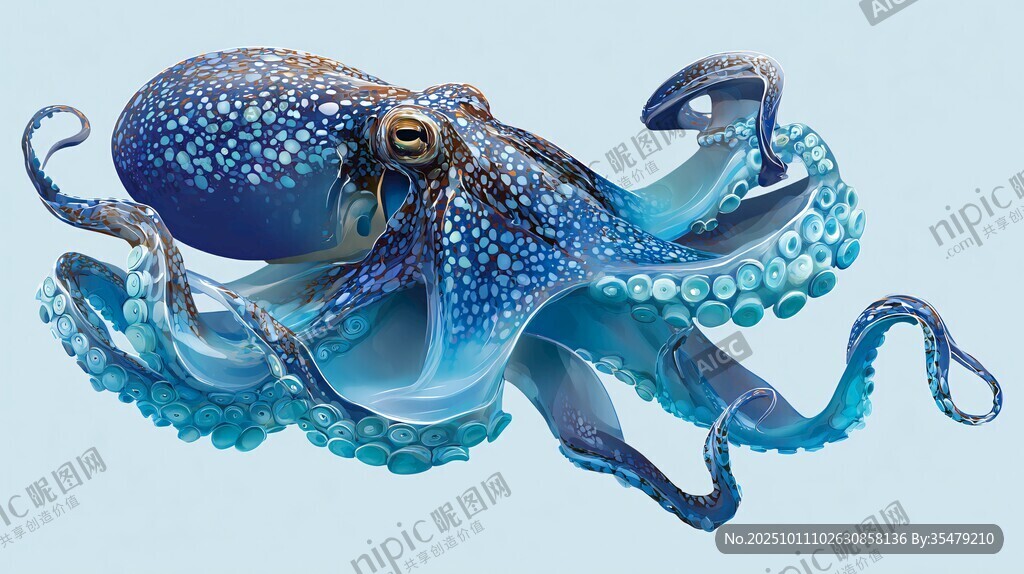 夢幻藍色章魚藝術(shù)插畫