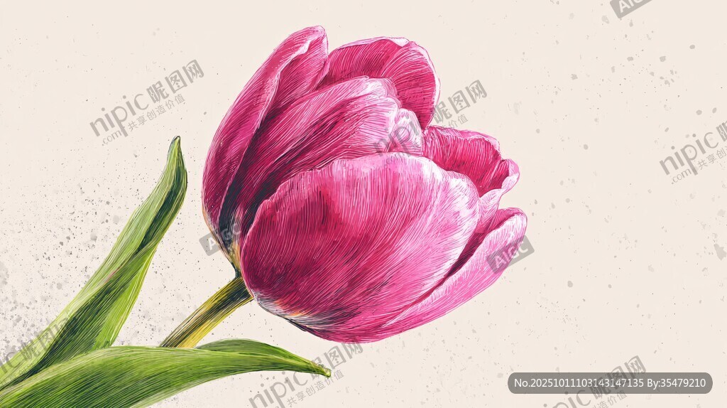 粉色郁金香手繪花卉圖