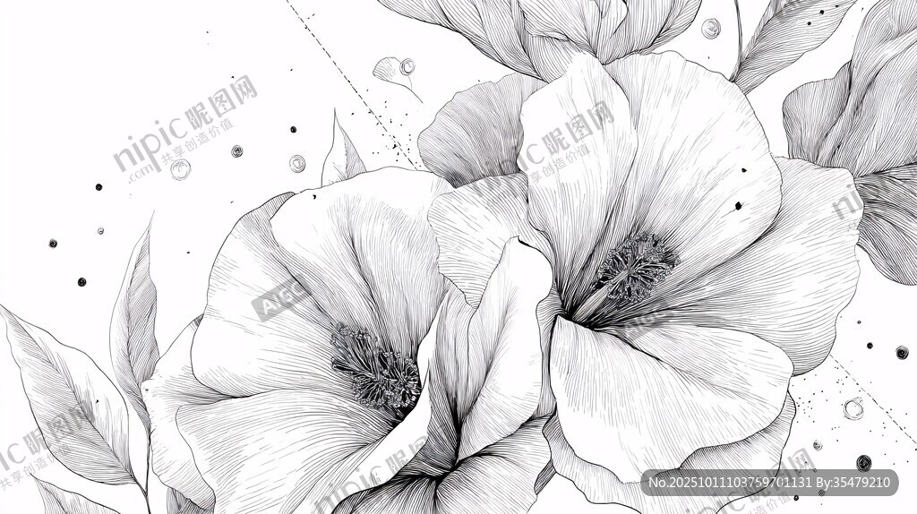 黑白手繪木槿花藝術(shù)插畫