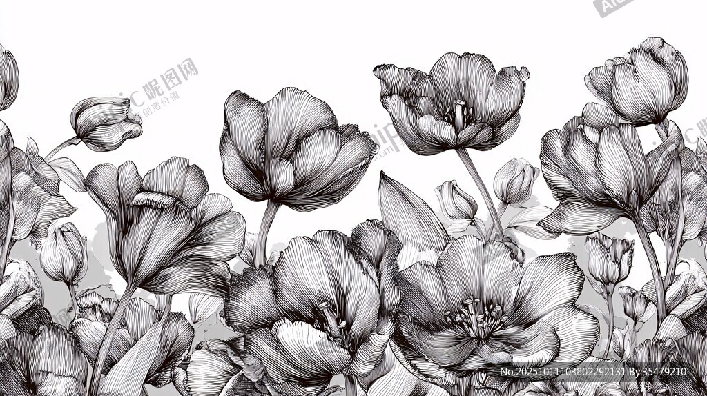 黑白郁金香花卉插畫