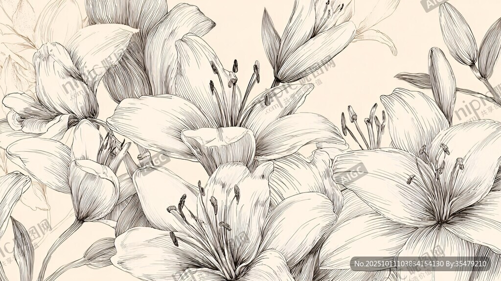 手繪百合花黑白花卉圖案