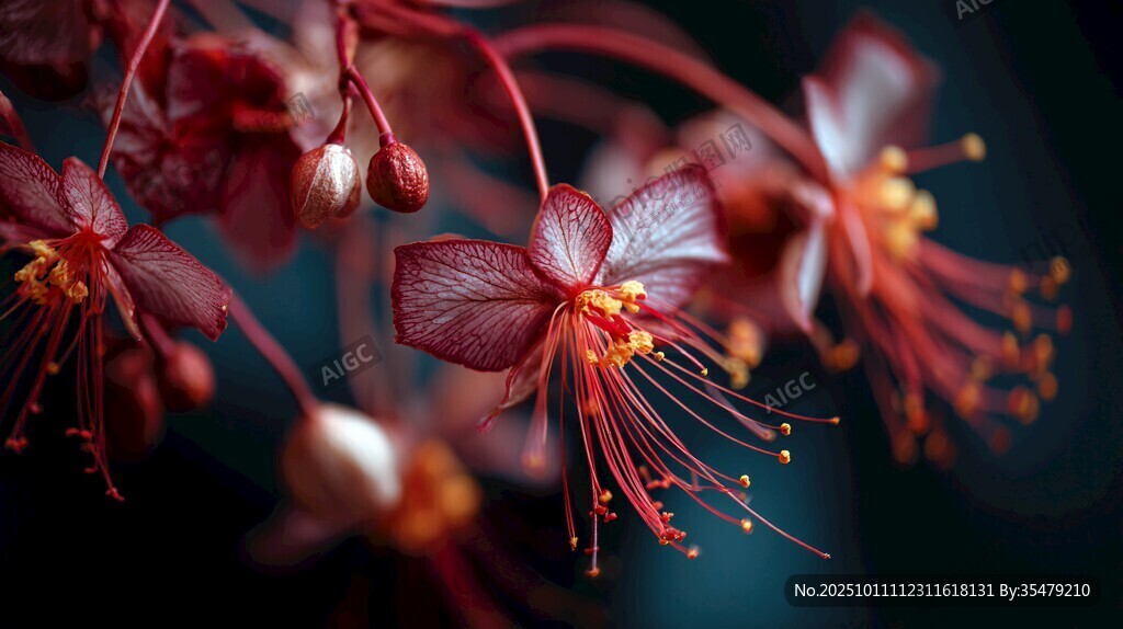 深紅花卉特寫 靈動花蕊之美