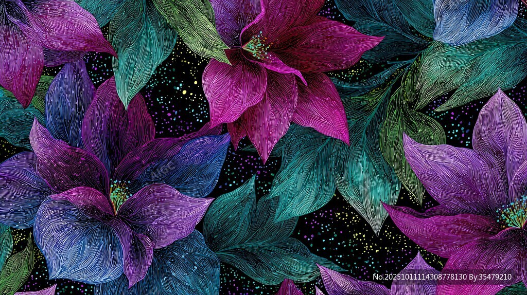 夢幻紫花綠葉背景圖案