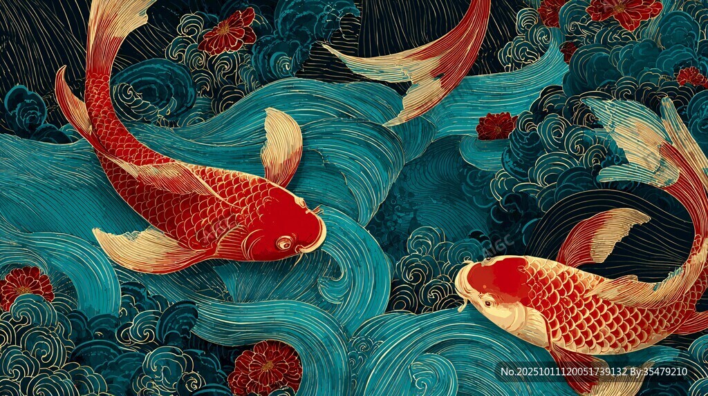 錦鯉戲浪圖