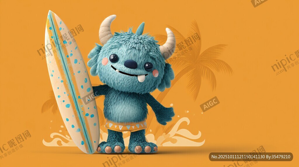 小怪獸手持沖浪板準(zhǔn)備沖浪