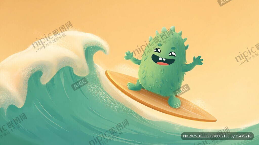 綠色萌物快樂沖浪瞬間