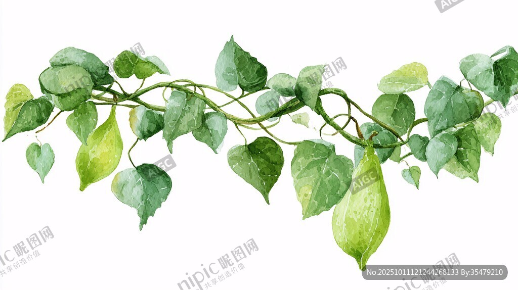 水彩繪藤蔓綠葉清新畫面