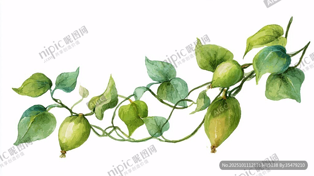 翠綠藤蔓上的青果與葉片