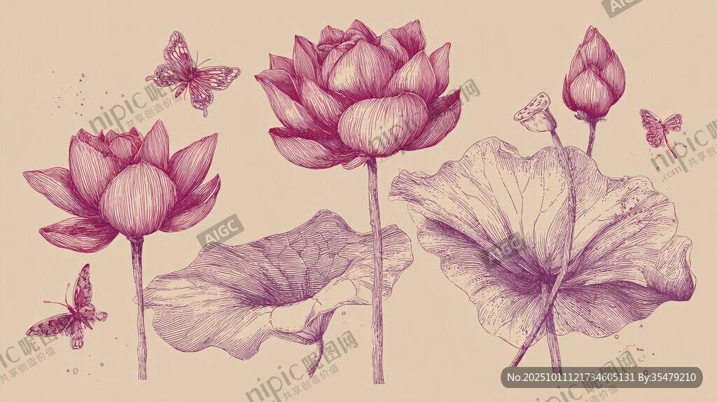 手繪荷花與蝴蝶優(yōu)雅插畫