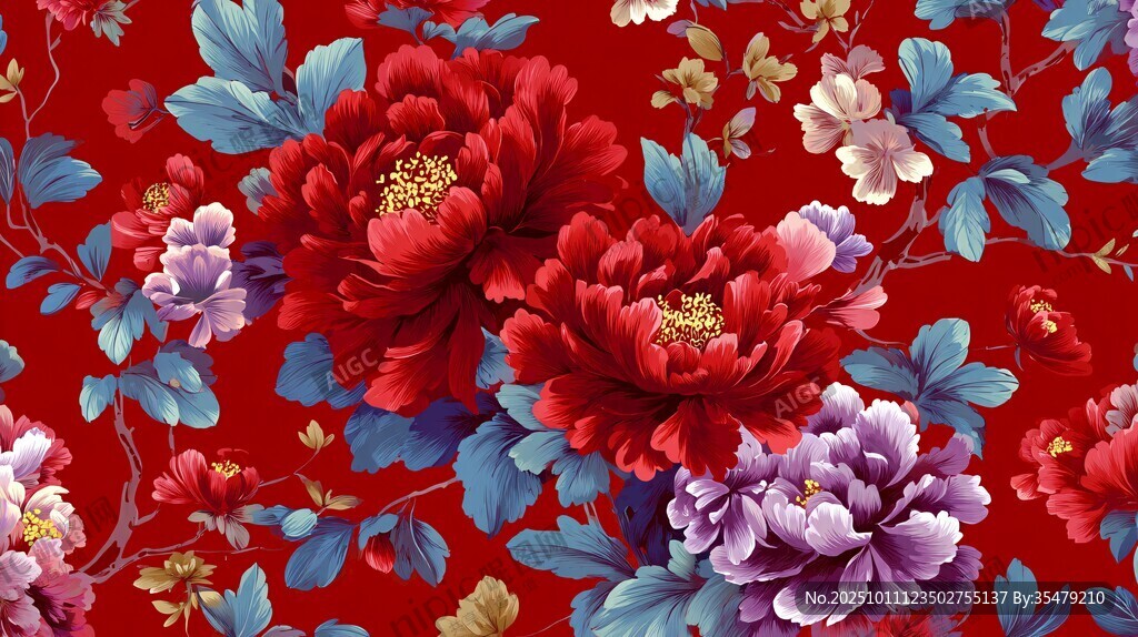 中式繁花紅底精美紋樣