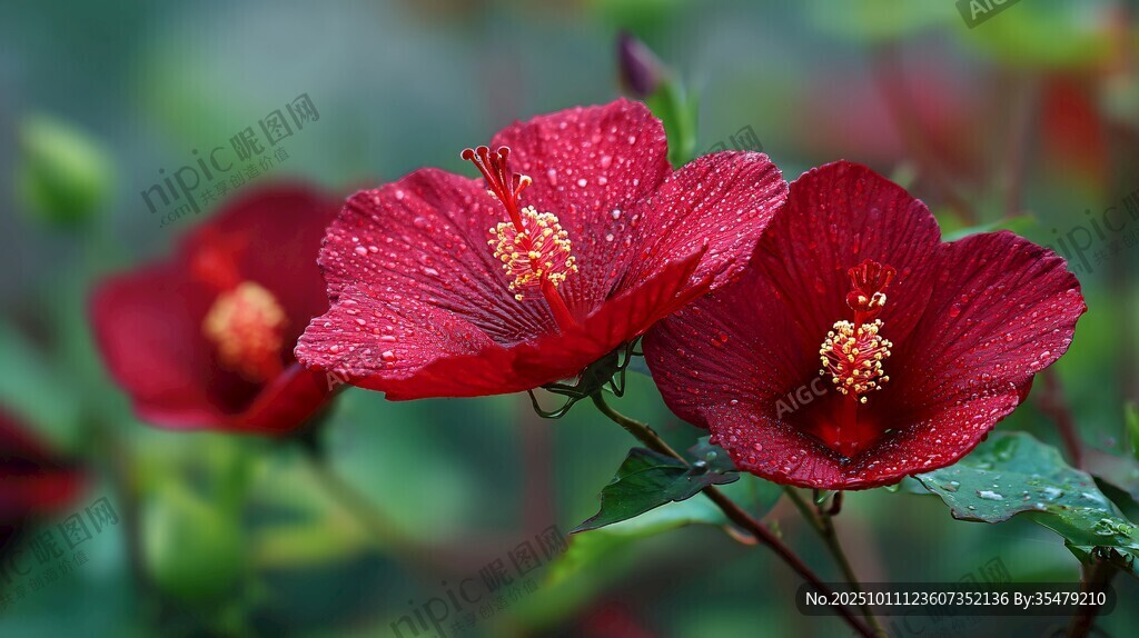 嬌艷紅槿花帶露綻放