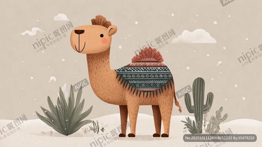 雪地中的可愛駱駝插畫