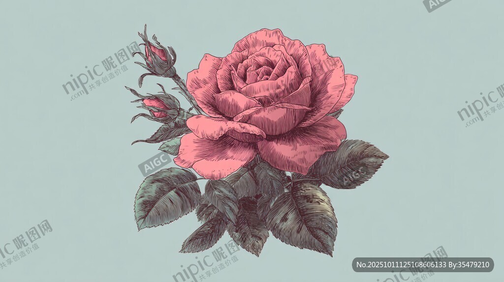 復古風粉色玫瑰花插畫