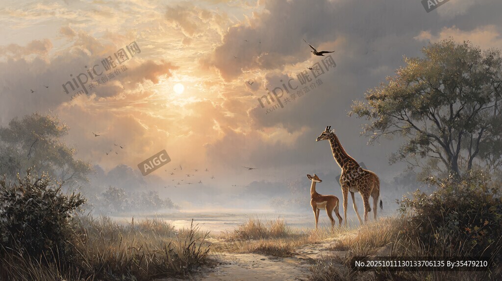 夕陽下長頸鹿母子溫馨畫面