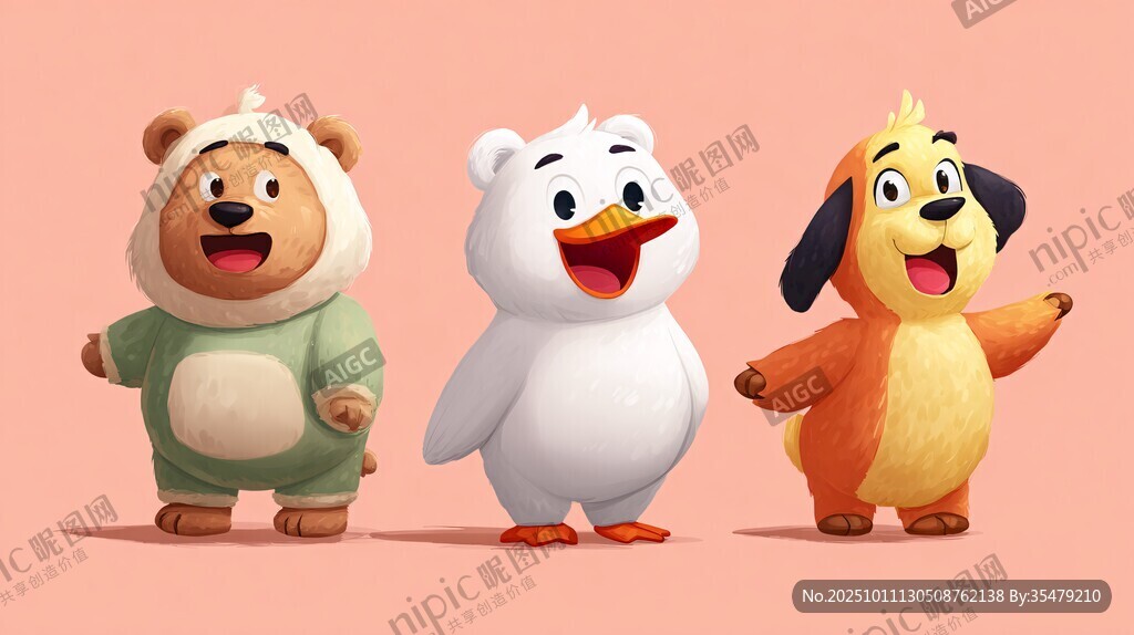 三只可愛卡通動物形象