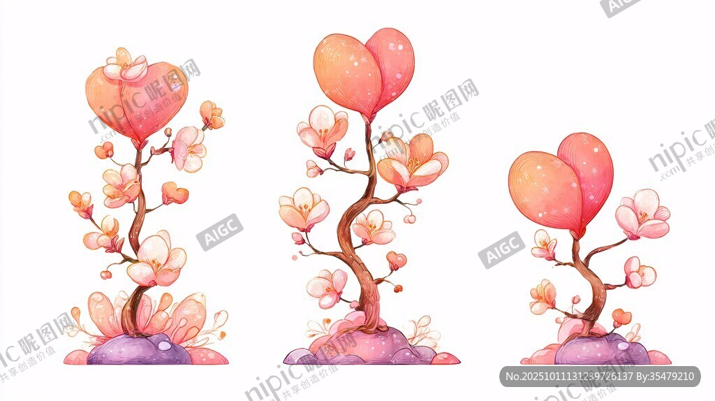 水彩愛心花朵植物插畫