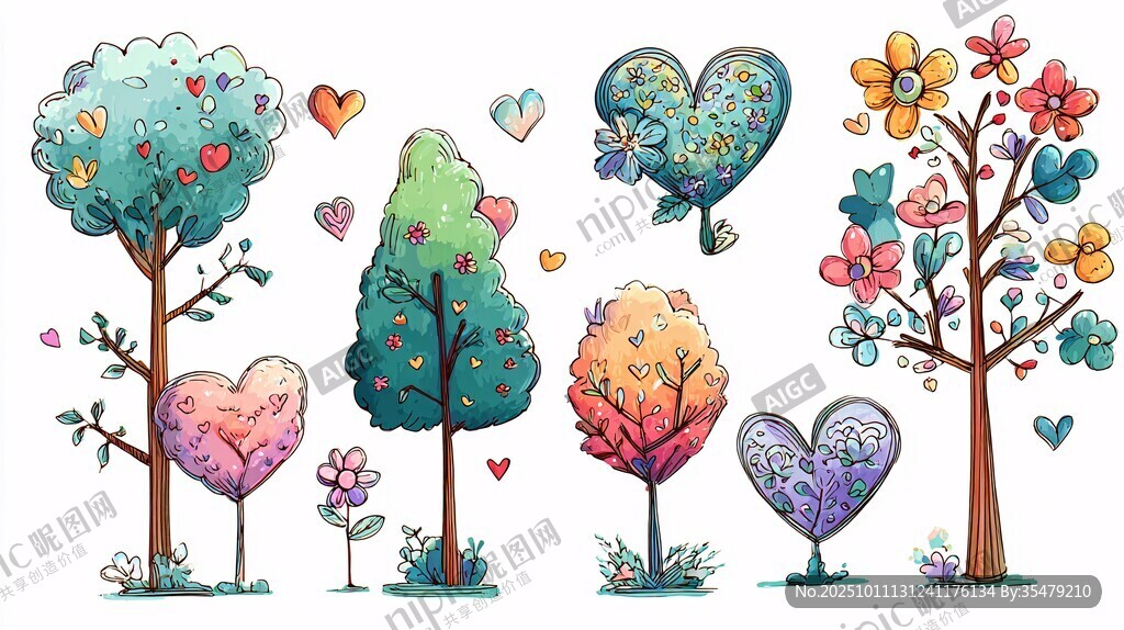 可愛心形樹木插畫集合