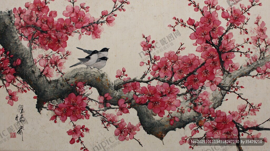 紅梅枝頭雙鳥圖