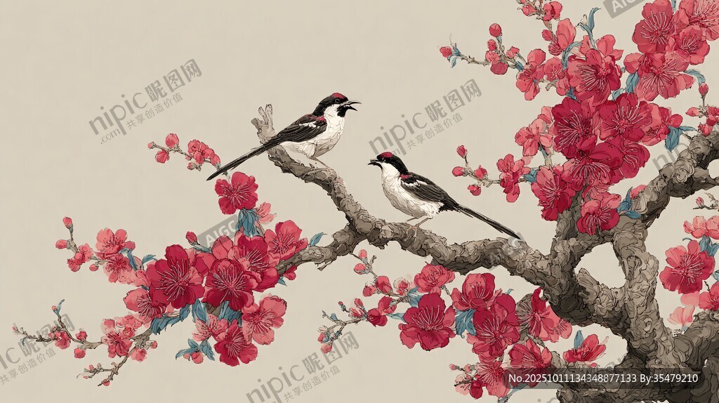 雙鳥棲于繁花枝頭