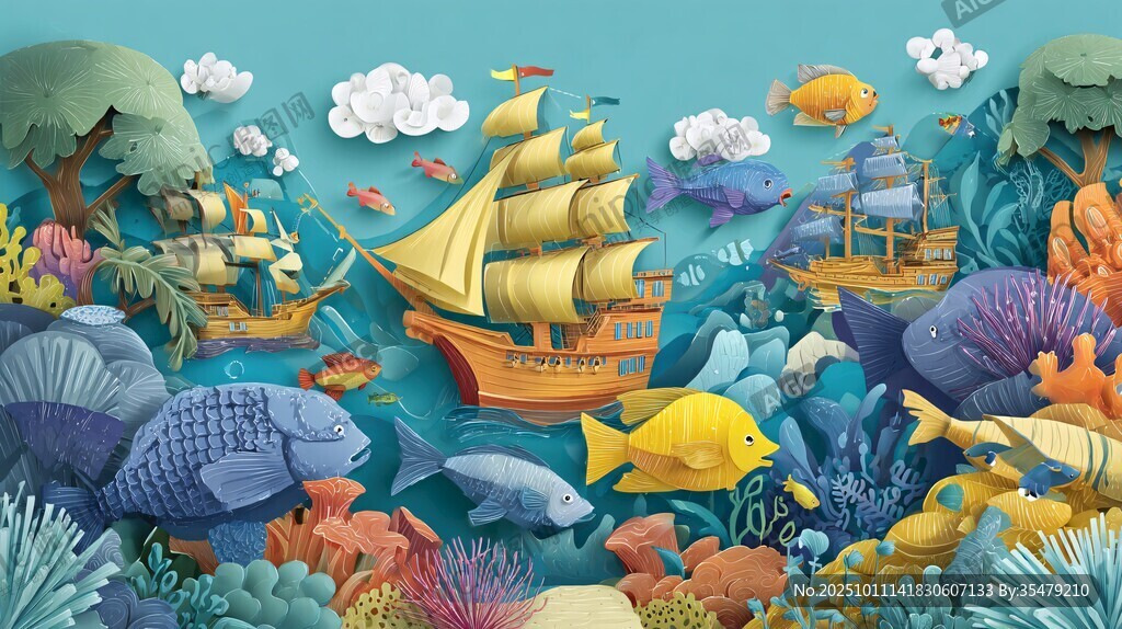 海底奇幻帆船與多彩生物