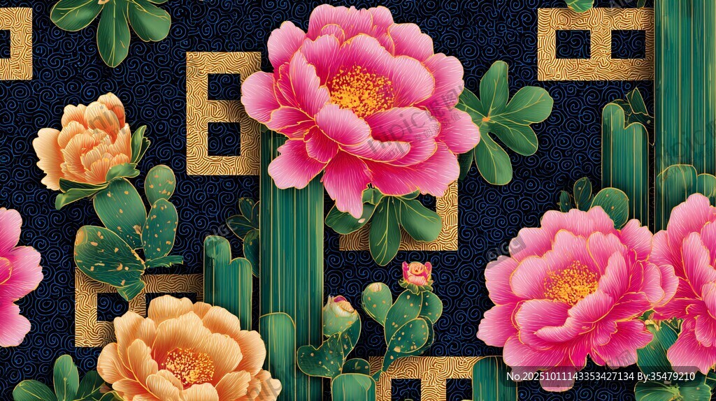 中式牡丹幾何圖案背景圖