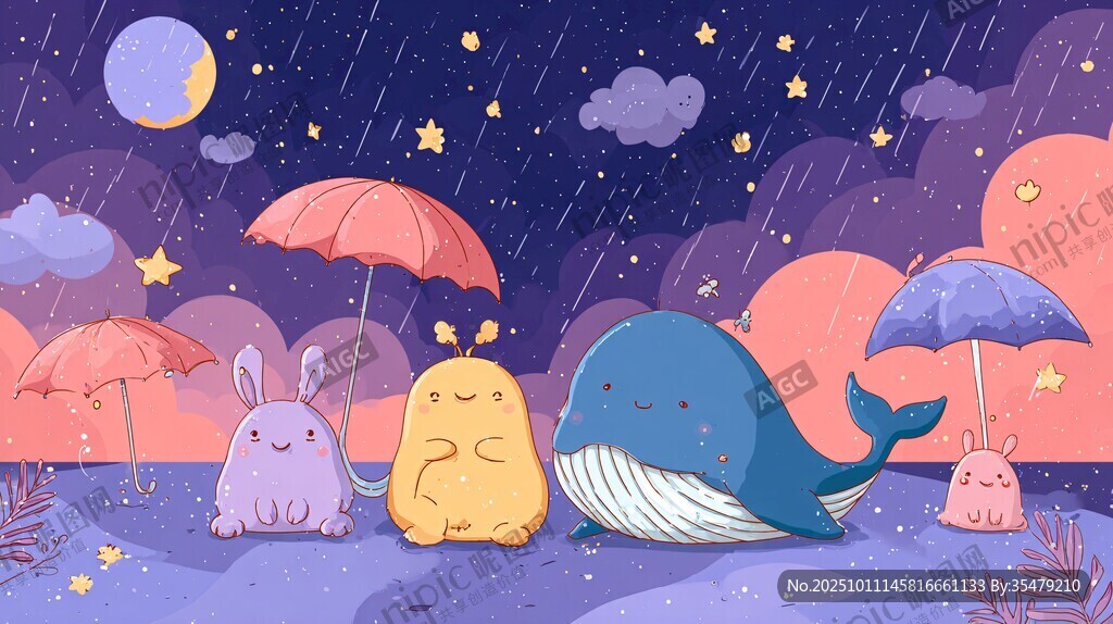 雨夜中可愛動(dòng)物的溫馨場(chǎng)景