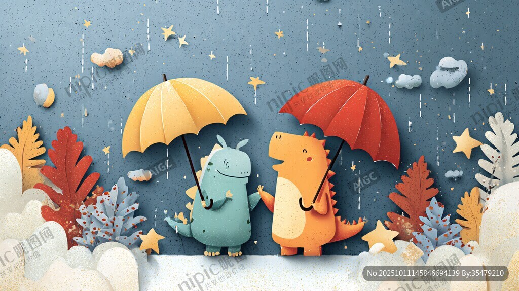雨中萌恐龍撐傘溫馨時刻