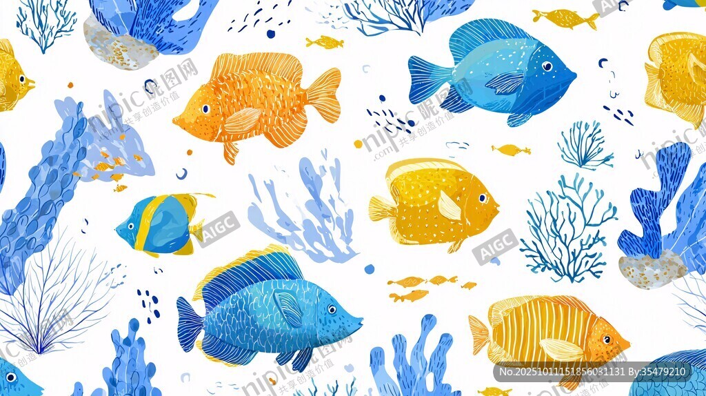 海洋魚類與珊瑚水彩圖案