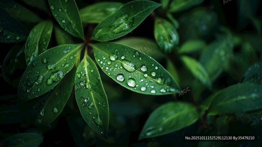 雨后綠葉上的晶瑩水珠