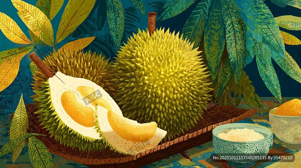 精美插畫中的榴蓮與配料