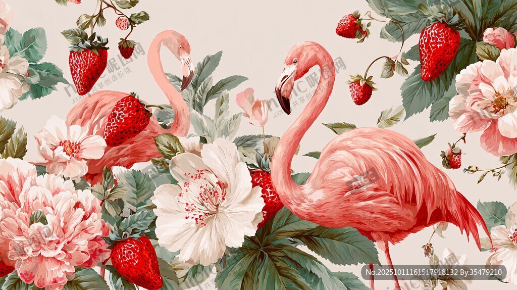 火烈鳥(niǎo)與花卉草莓的夢(mèng)幻圖景
