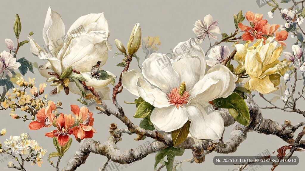 復(fù)古風(fēng)玉蘭花枝插畫